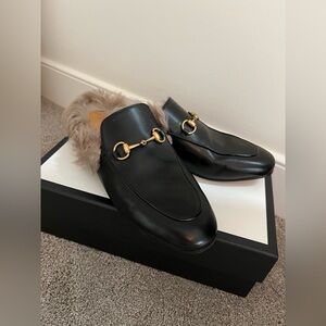 Gucci Princetown Black Fur-Lined Mules with Gold Hardware